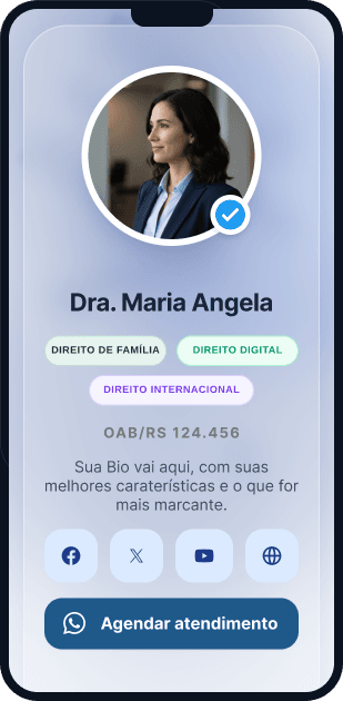 Página pública da advogada no celular, com foto, especialidades e botão de contato